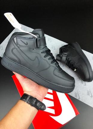 Nike air force 1 mid кросівки чоловічі шкіряні топ якість зимові з хутром ботінки сапоги високі теплі найк форс чорні5 фото