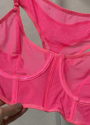 Новый женский комплект в сетку ярко-розового цвета со стрингами с высокой посадкой5 фото
