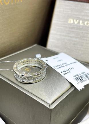 Серебряное кольцо с камнями два ряда широкое массивное с логотипом булгари bvlgari серебро проба 925 новые с биркой италия5 фото
