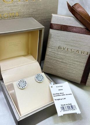 Срібні сережки сережки пусети гвоздики круглі з логотипом булгарі bvlgari з каменями камінці срібло проба 925 нові з биркою італія