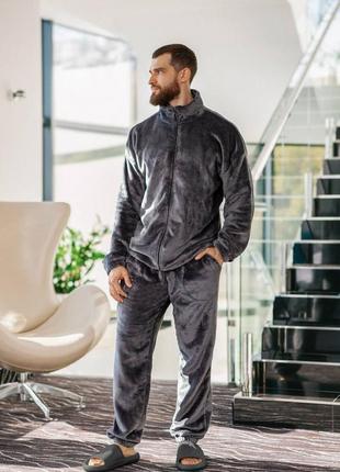 Пижама домашний костюм унисекс плюшевый комплект мужской женский теплый плюш кролик серый ментол черный синий кофта на молнии джоггеры на резинке