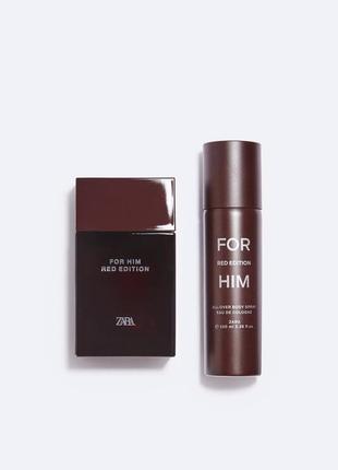 Мужской набор zara for him red edition парфюмированная вода 100 мл+ спрей для всех тела 100 мл