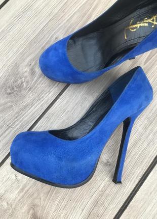 Туфли ysl blue black red suede tribtoo pumps yves saint laurent босоножки каблук синие замша кожа кожане8 фото