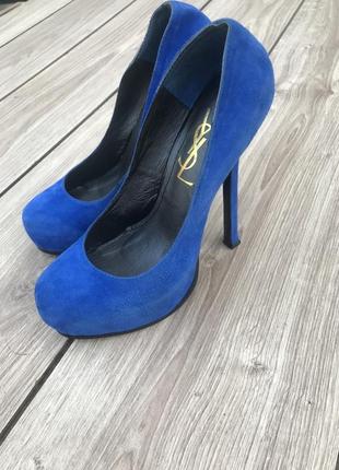 Туфли ysl blue black red suede tribtoo pumps yves saint laurent босоножки каблук синие замша кожа кожане10 фото