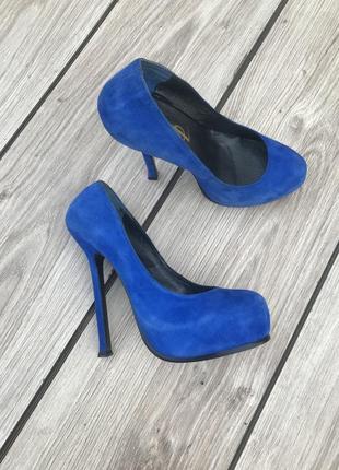 Туфли ysl blue black red suede tribtoo pumps yves saint laurent босоножки каблук синие замша кожа кожане6 фото