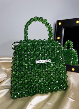 Сумка з намистин смарагдового кольору, тренд 2023 ручна робота зелена сумка на кожен день3 фото