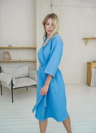 Жіночий вафельний халат шаль, блакитний3 фото