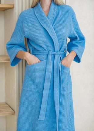 Жіночий вафельний халат шаль, блакитний4 фото