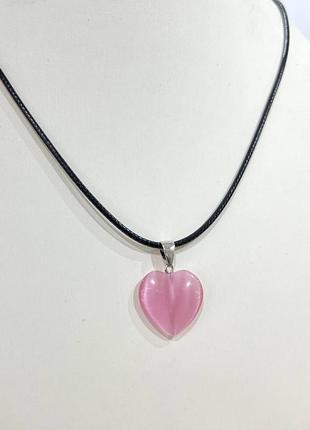 Натуральный камень улексит розовый кошачий глаз кулон в форме сердца на цепочке - оригинальный подарок девушке8 фото