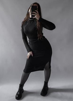 Базовая теплая черная юбка с двумя разрезами по бокам3 фото
