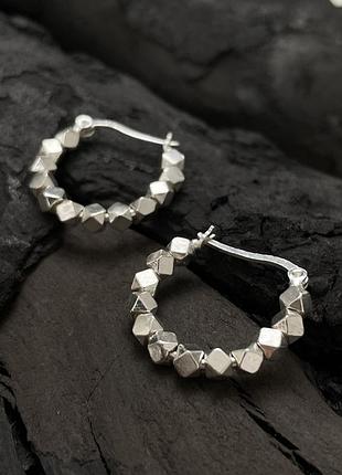 Серьги-кольца фигурные 20 мм, сережки из брусочков серебра, серебряное покрытие 925 пробы
