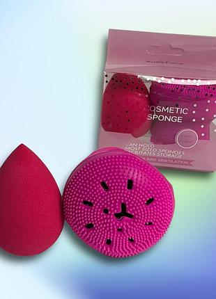 Набір: спонж для макіяжу з ефектом збільшення в розмірі і щітка для очищення обличчя powder puff2 фото