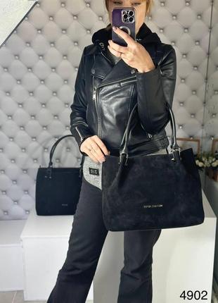 Женская сумка классическая небольшая удобная замша черная7 фото
