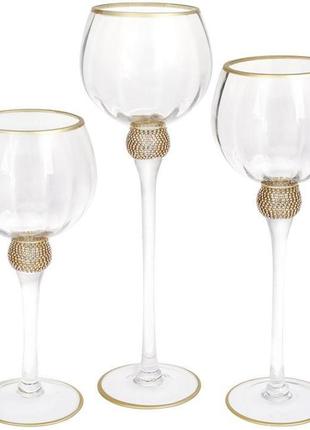 Набір 3 скляних свічники sayora 30 см, 35 см, 40 см, прозорий із золотом1 фото