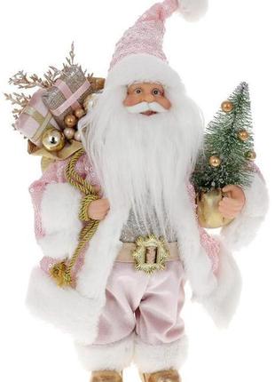 Новорічна фігура "санта клаус із подарунками та ялинкою" 30 см, рожевий і срібло з паєтками