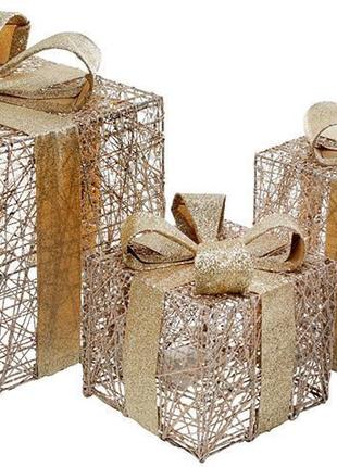 Набір декоративних подарунків — 3 коробки 15х20 см, 20х25 см, 25х30 см з led-підсвіткою, шампань із золотом