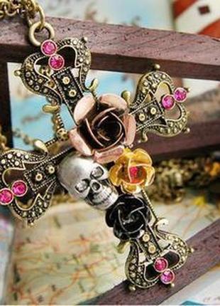 Підвіска/кулон великий хрест із квітами та черепом