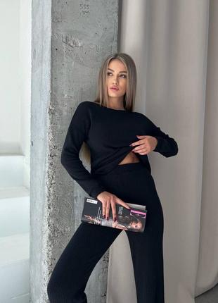 Костюм рубчиков связан в щёпочке ангора брюки палаццо клеш кюлоты длинная удлиненная кофта свитер длинный рукав прямые широкие трубы гольф4 фото