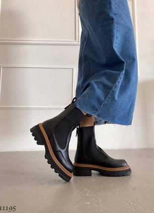 Черные с коричневым натуральные кожаные зимние ботинки челси с резинками на резинках толстой подошве кожа зима трендовые без молнии2 фото