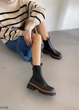 Черные с коричневым натуральные кожаные зимние ботинки челси с резинками на резинках толстой подошве кожа зима трендовые без молнии4 фото