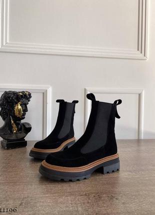 Черные с коричневым натуральные замшевые зимние ботинки челси с резинками на резинках толстой подошве без молнии замша зима трендовые9 фото