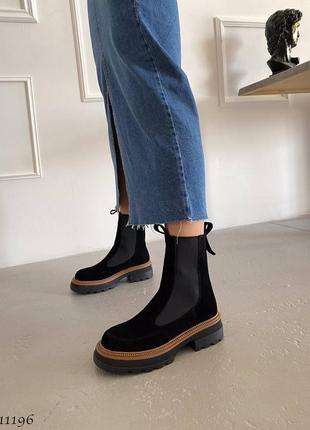 Черные с коричневым натуральные замшевые зимние ботинки челси с резинками на резинках толстой подошве без молнии замша зима трендовые6 фото