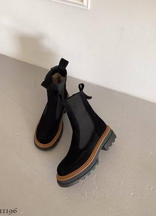 Черные с коричневым натуральные замшевые зимние ботинки челси с резинками на резинках толстой подошве без молнии замша зима трендовые5 фото