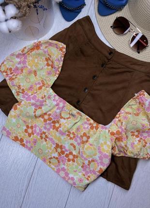 Разноцветный короткий топ pull&bear xs топ с рукавами фонариками топ в цветочный принт