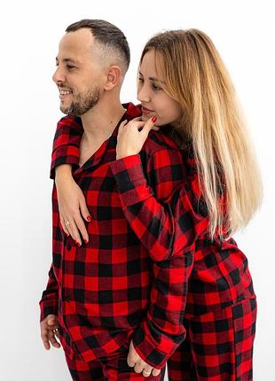 Пижама в красную клетку оверсайз женская мужская детская family look хлопок фланель байка