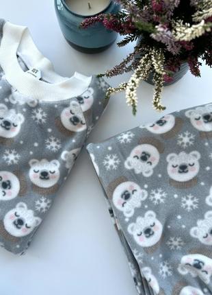 Пижама теплая флис полар кофта штаны детская серая мишки зима новогодний подарок