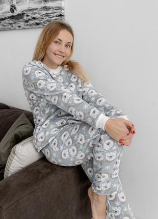 Пижама теплая флис полар кофта штаны детская серая мишки зима новогодний подарок5 фото