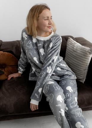 Теплая пижама флис велсофт зайчики серая кофта штаны женская детская2 фото