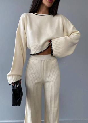 Трикотажный костюм турция укороченная кофта с длинными рукавами + штаны палаццо клеш 🔥2 фото
