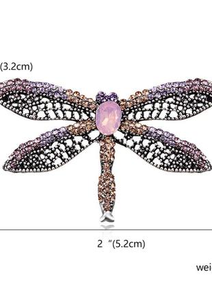 Красивая брошь стрекоза металлическая с камнями винтажная сиренево-розовая2 фото