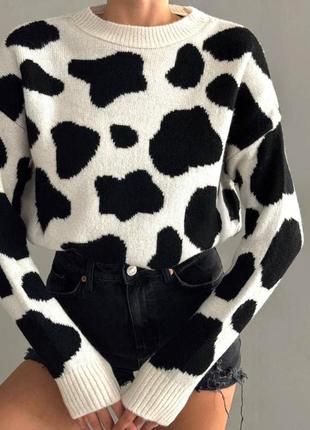 Теплый свитер с животным принтом корова вязаный оверсайз свободного кроя2 фото