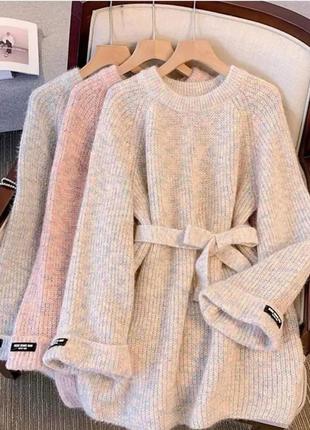 Вязаное теплое платье туника свитер джемпер с поясом бежевое серое чёрное пудра4 фото