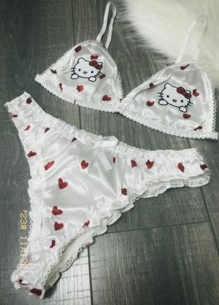 Жіноча білизна з сердечками атласний комплект hello kitty5 фото