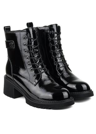 Ботинки женские лакированные на толстом среднем каблуке, на шнуровке и молнии, черные 1717б