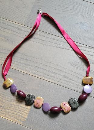 Колье ожерелье в розовых тонах на ленте с большими бусинами под камень1 фото