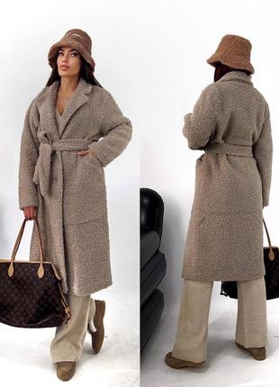 Теплое пальто шуба меховая тедди на запах с поясом карманами миди свободного кроя зимняя6 фото