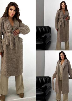 Теплое пальто шуба меховая тедди на запах с поясом карманами миди свободного кроя зимняя3 фото