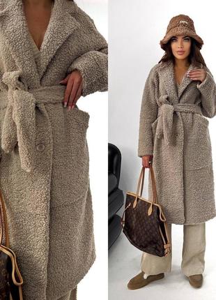 Теплое пальто шуба меховая тедди на запах с поясом карманами миди свободного кроя зимняя1 фото