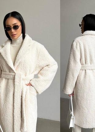 Теплое пальто шуба меховая тедди на запах с поясом карманами миди свободного кроя зимняя3 фото
