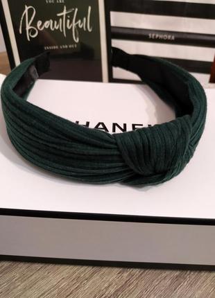 Обруч для волос тканый зеленый с узелком ободок для головы с узлом текстиль