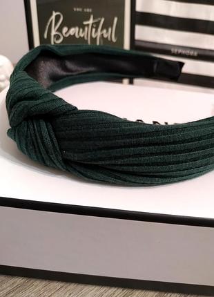 Обруч для волос тканый зеленый с узелком ободок для головы с узлом текстиль