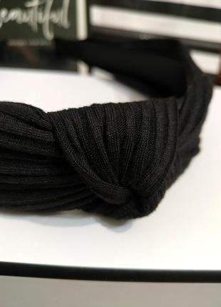 Чорний обруч для волосся тканевий з вузликом широкий ободок  для голови текстиль4 фото
