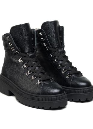 Ботинки женские зимние кожаные черные с шнуровкой?b платформе и низком толстом каблуке на меху 526цz