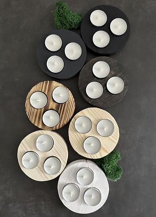 Підсвічник з дерева круглий деревʼяний свічник зі свічкою набір декор на різдвяні новорічні свята 4 см чорний білий коричневий сірий беж