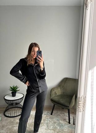 Чорна велюрова піжама/домашній костюм сорочка і штани