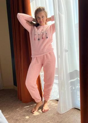 Пижама женская кофта и штаны принт love тедди флис туречна теплая4 фото